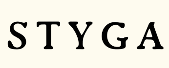 Black 'STYGA' logo on a beige background